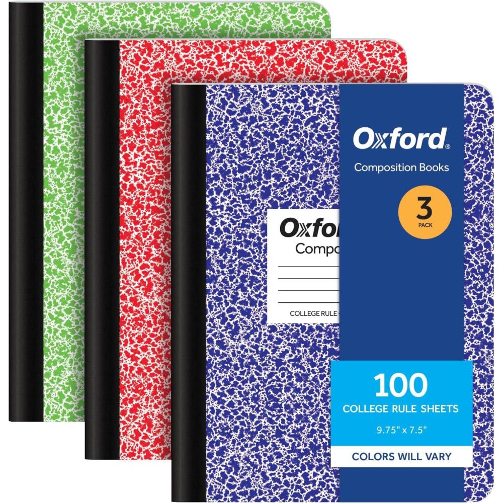 imageOxford Composition Notebooks 3 Pack Cover Colors Vary College Ruled Paper 934 x 712 Inch School Journals Assorted Marble Covers 100 Sheets per Book 1002518