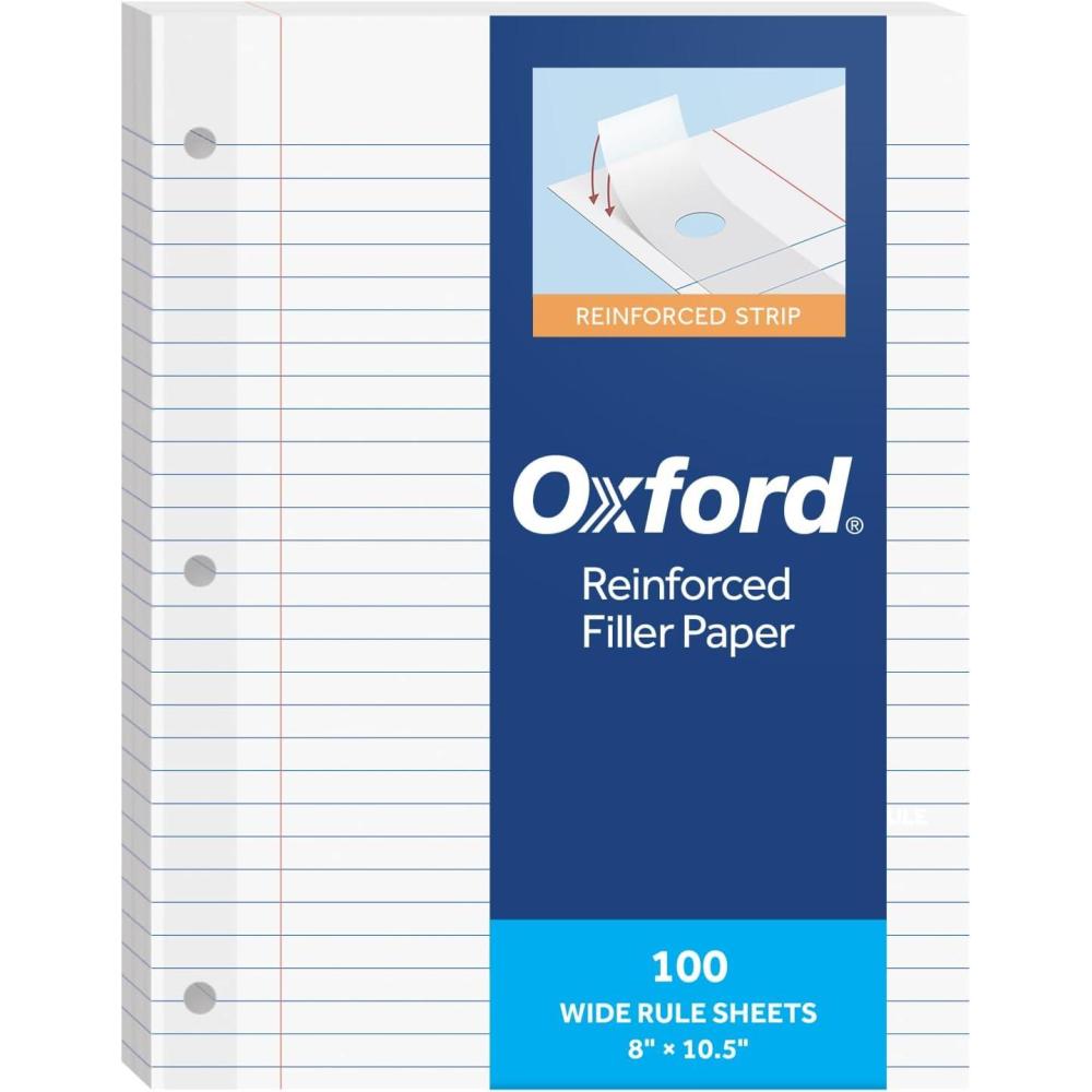 imageOxford Reinforced Filler Paper 8 x 105 Inch Wide Rule 3 Hole Punched Lined Loose Leaf Paper for Ring Binders 100 Sheets White 1002098
