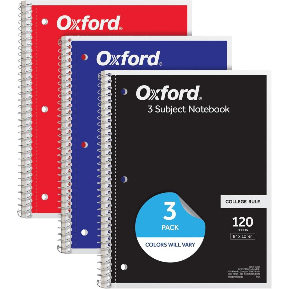 imageOxford Spiral Notebook 3 Pack 3 Subject Journal 3Hole Punch College Ruled Paper 2 Dividers 8 x 1012 Inches Black Red Blue 120 Sheets 65202