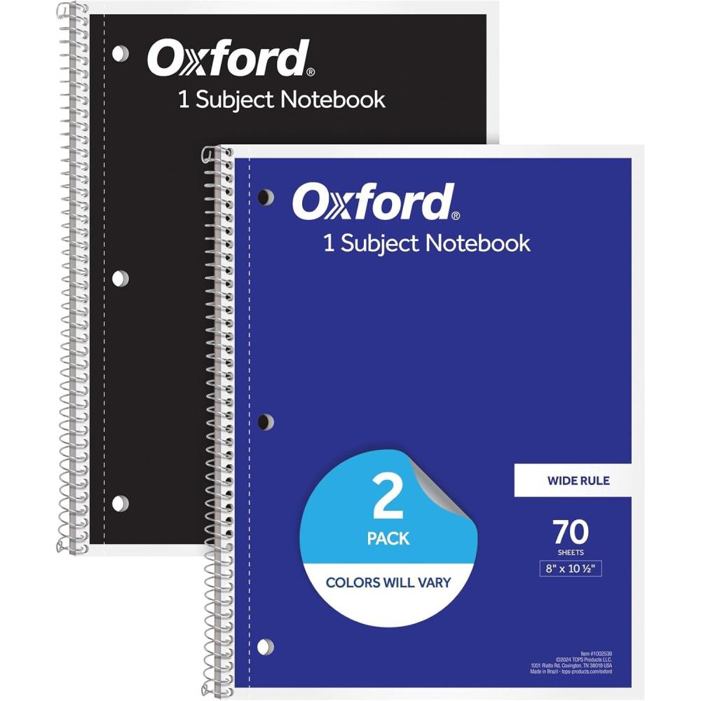 imageOxford Spiral Notebooks 1Subject Writing Journals for School Wide Ruled Paper 70 Sheets 8 x 105 Inches 3Hole Punch Black Blue 2 Pack 1002539