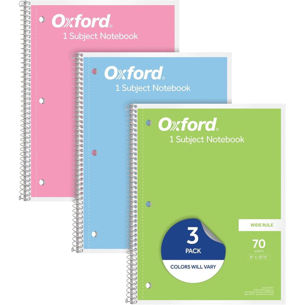 imageOxford Spiral Notebooks 1Subject for School Wide Ruled Paper 70 Sheets 8 x 105 Inches Assorted Pastel Colors 3 Pack 1002541
