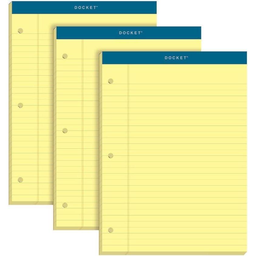 imageTOPS Double Docket Writing Tablet with Extra Rigid Back 812 x 1134 Inches Perforated 3Hole Punched Canary LegalWide Rule 100 Sheets per Pad 3 Pads per Pack TOP63392812 x 1134