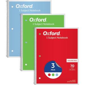 Oxford 1-Subject Notebooks, Notebooks for School, 8 x 10.5 Inches, College Rule, 70 Sheets, Assorted Primary Colors, 3 Pack, Colors May Vary (1006792)