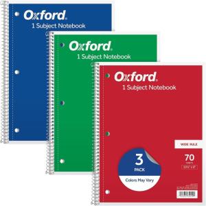 Oxford 1-Subject Notebooks, School Journal, 8 x 10-1/2 Inch, Wide Rule Paper, 70 Sheets, 3-Hole Punch, 3 Pack, Red, Blue, Green, Color Assortment May Vary (65029)(10.5″ x 8″ x 10.5″)