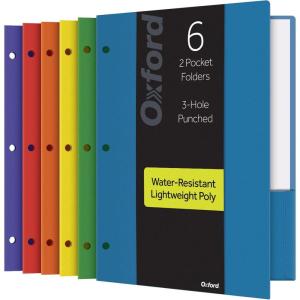 Oxford 2 Pocket Folders, Plastic Portfolio, Folder for School and Office, 2-Pocket Paper Organizer, 3 Hole Punch, Letter Size, Asst. Colors (Blue, Green, Yellow, Orange, Red, Purple), 6 Pack (14187)(Letter Size)