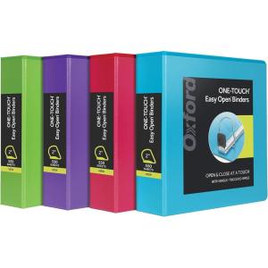 Oxford 3 Ring Binders, 1.5 inch ONE-Touch Easy Open D Rings, Durable Binders for School and Office, ClearVue, Xtralife Hinge, Non-Stick, PVC-Free, Assorted Colors, Holds 375 Sheets, 4 PK (79908)(2.0 Inch)