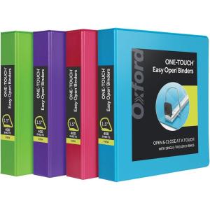 Oxford 3 Ring Binders, 1.5 inch ONE-Touch Easy Open D Rings, Durable Binders for School and Office, ClearVue, Xtralife Hinge, Non-Stick, PVC-Free, Assorted Colors, Holds 375 Sheets, 4 PK (79908)(1.5 Inch)