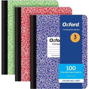 Oxford Composition Notebooks, 3 Pack, Cover Colors Vary, College Ruled Paper, 9-3/4 x 7-1/2 Inch School Journals, Assorted Marble Covers, 100 Sheets per Book (1002518)