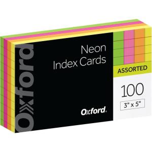 Oxford Neon Index Cards, 4″ x 6″, Ruled, Assorted Colors, 100 Per Pack (99755EE)(3 x 5)