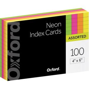 Oxford Neon Index Cards, 4″ x 6″, Ruled, Assorted Colors, 100 Per Pack (99755EE)(4 x 6)