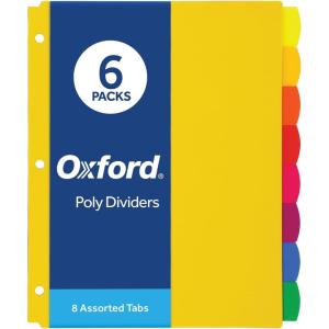 Oxford Plastic Binder Dividers for 3 Ring Binder, Durable Plastic Binder Divider, 8 Tab, Multicolor Tabs, 3 Hole Punched, Letter Size, 6 Sets (89601)(8 Tab Rainbow)