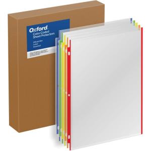 Oxford Sheet Protectors, Color Coded, Top Loading Sleeves, Page Protectors, 200/BX, Letter Size, Fits 3 Ring Binder, 5 Color Coded Edges, Clear Finish, Portrait Or Landscape Pages (89653)