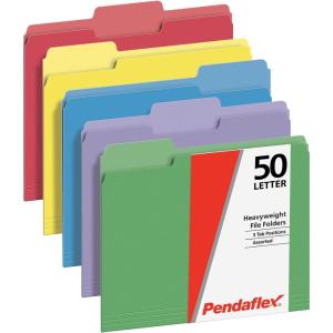 Pendaflex Heavyweight File Folders, Assorted Colors, Letter Size, 1/3-Cut Tabs, Extra Durable, 50/Box, Great for Office Filing & Organization (1006536)