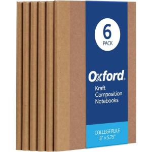 Oxford Composition Notebook 6 Pack,Notebooks for School, School Supplies, School Journal, Comp Book, College Ruled Paper, 5.75 x 8 Inches, Small Size, 60 Sheets, Kraft Covers (63831)