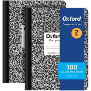 Oxford Composition Notebooks, 9-3/4 x 7-1/2 Inch School Journals, College Ruled Paper, Black Marble Covers, 100 Sheets per Book, 2 Pack (1002515)