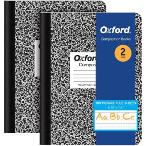 Oxford Primary Ruled Composition Notebooks, 9-3/4 x 7-1/2 Inches, Writing Practice for Kids, Grades K-2, Black Covers, 100 Sheets, 2 Pack (1002521)