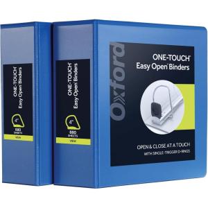 Oxford 3 Ring Binders, Durable Binders for School and Office, 4 Inch, ONE-Touch Easy Open D Rings, View Binder Covers, 4 Interior Pockets, PVC-Free, Holds 880 Sheets, Blue, 2 Pack (79922)