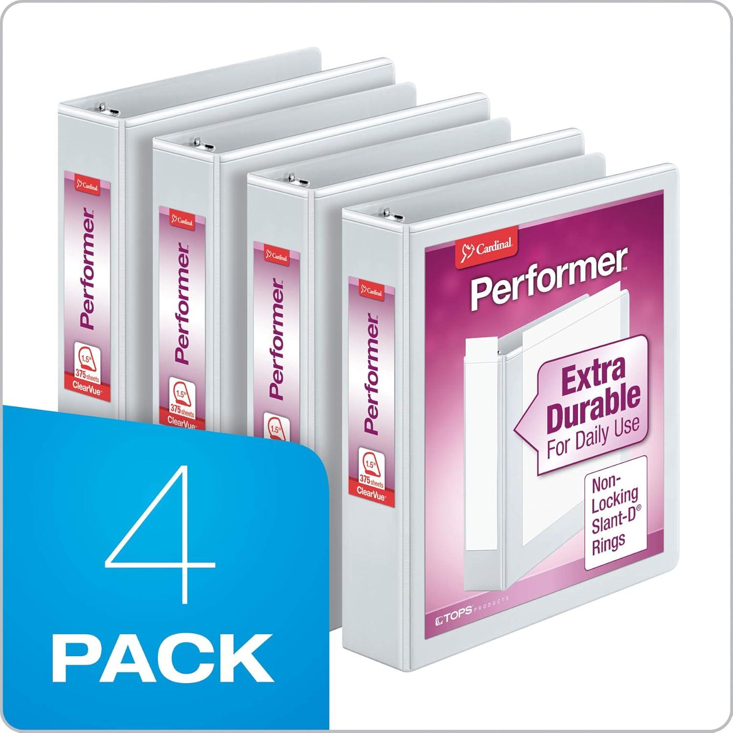 imageCardinal Performer 3Ring Binders 3quot NonLocking SlantD Rings 725Sheet Capacity ClearVue Presentation NonStick PVCFree White 4Pack 27600White