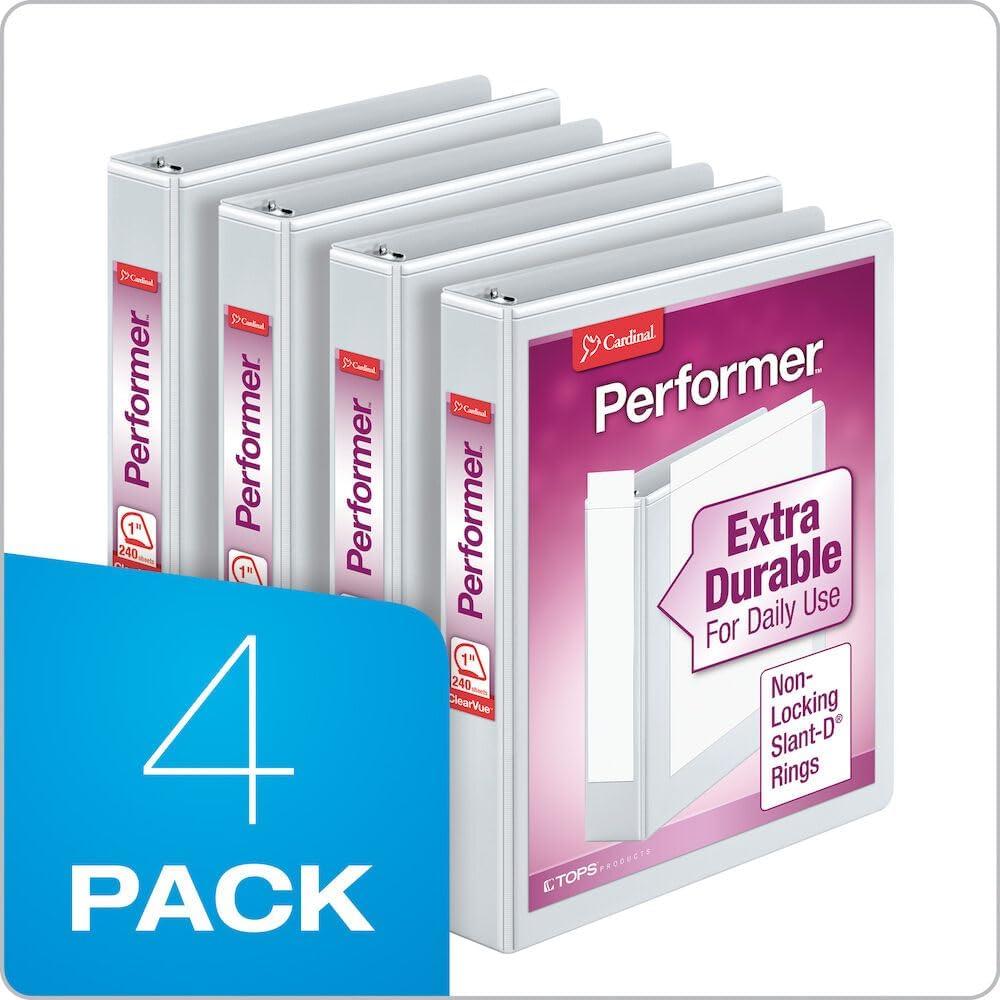 imageCardinal Performer 3Ring Binders 3quot NonLocking SlantD Rings 725Sheet Capacity ClearVue Presentation NonStick PVCFree White 4Pack 27600White