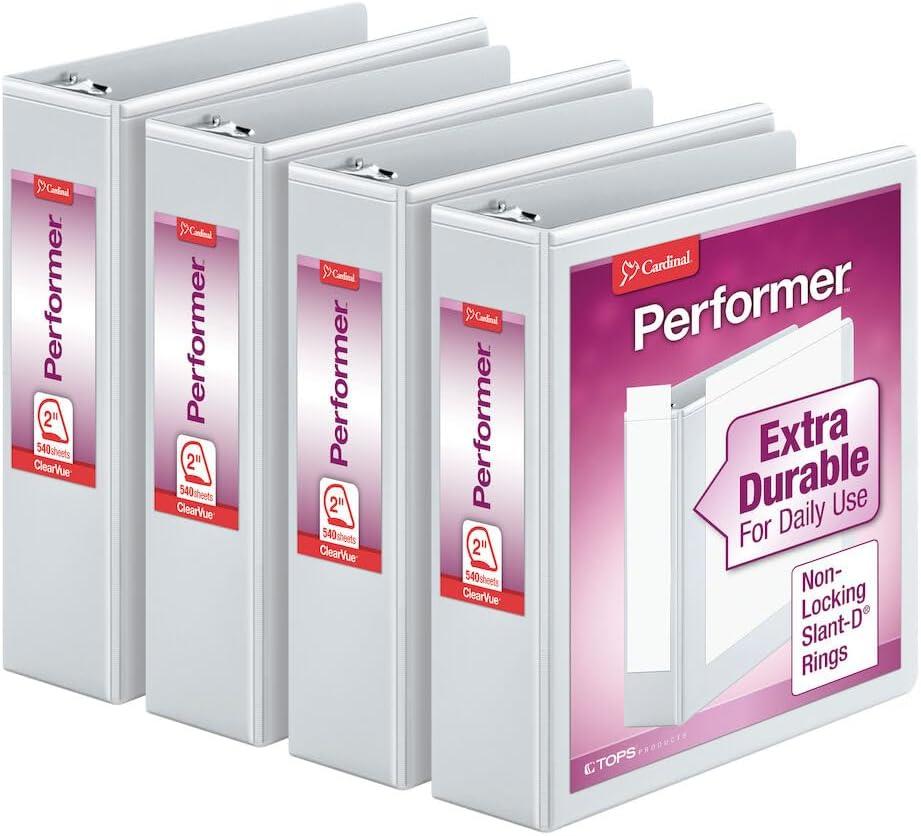 imageCardinal Performer 3Ring Binders 3quot NonLocking SlantD Rings 725Sheet Capacity ClearVue Presentation NonStick PVCFree White 4Pack 27600White
