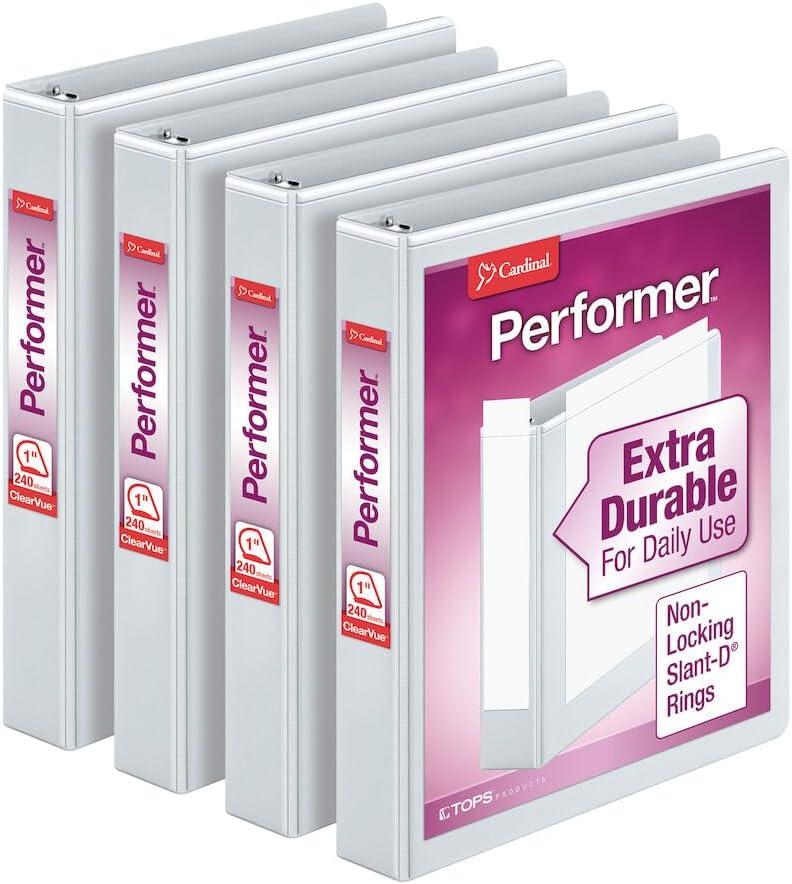 imageCardinal Performer 3Ring Binders 3quot NonLocking SlantD Rings 725Sheet Capacity ClearVue Presentation NonStick PVCFree White 4Pack 27600White