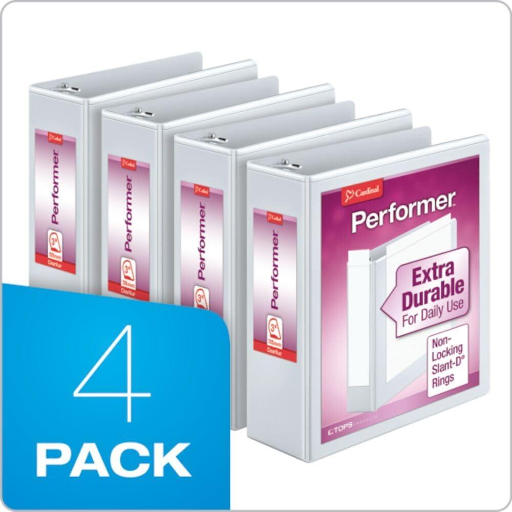 imageCardinal Performer 3Ring Binders 3quot NonLocking SlantD Rings 725Sheet Capacity ClearVue Presentation NonStick PVCFree White 4Pack 27600White