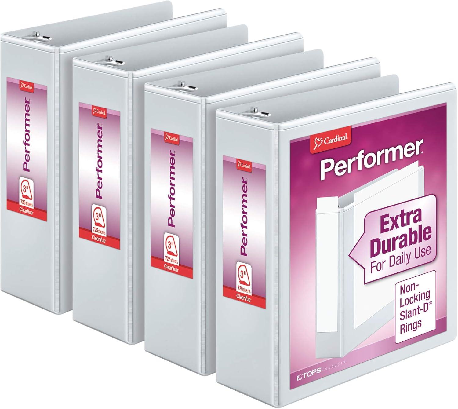 imageCardinal Performer 3Ring Binders 3quot NonLocking SlantD Rings 725Sheet Capacity ClearVue Presentation NonStick PVCFree White 4Pack 27600White