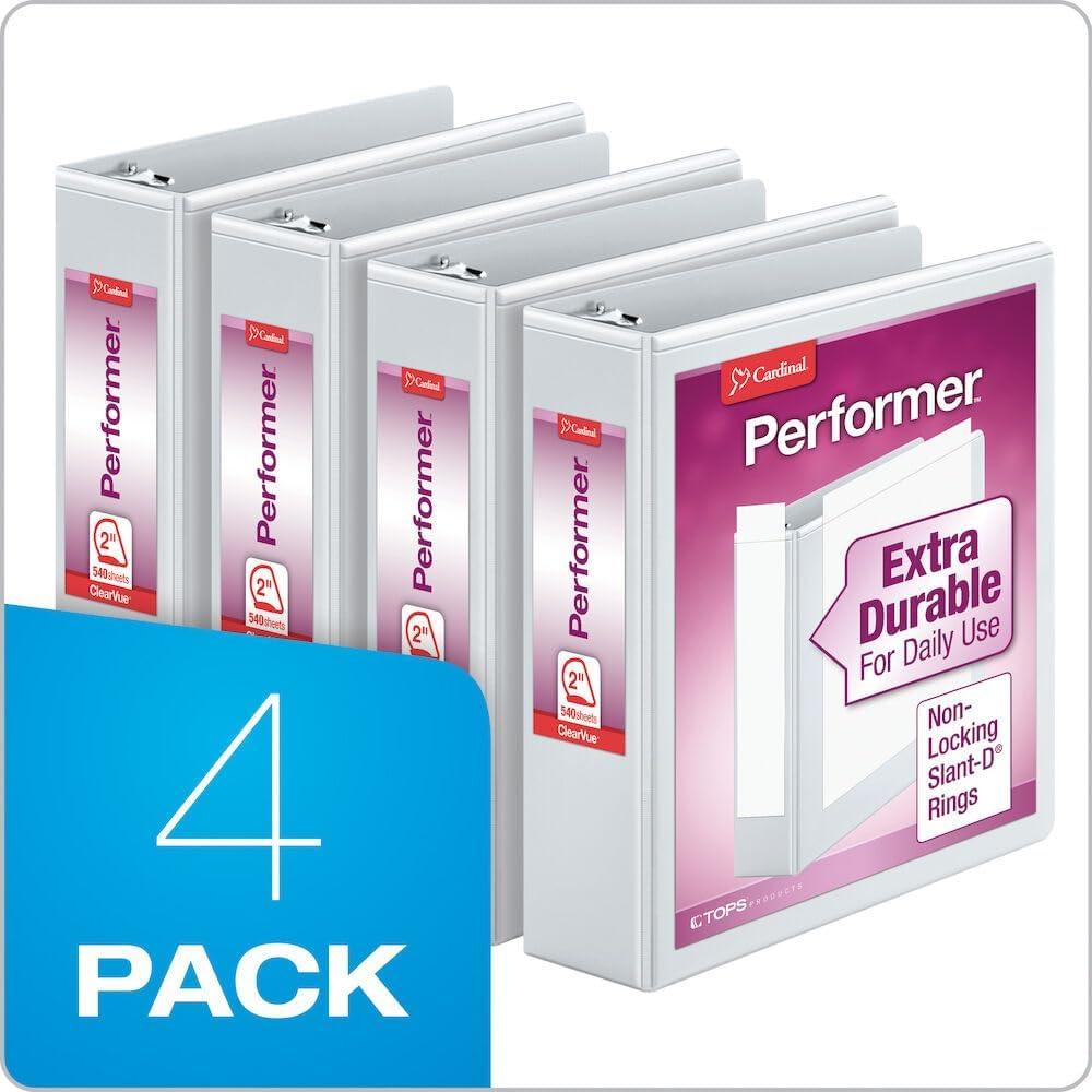 imageCardinal Performer 3Ring Binders 3quot NonLocking SlantD Rings 725Sheet Capacity ClearVue Presentation NonStick PVCFree White 4Pack 27600White