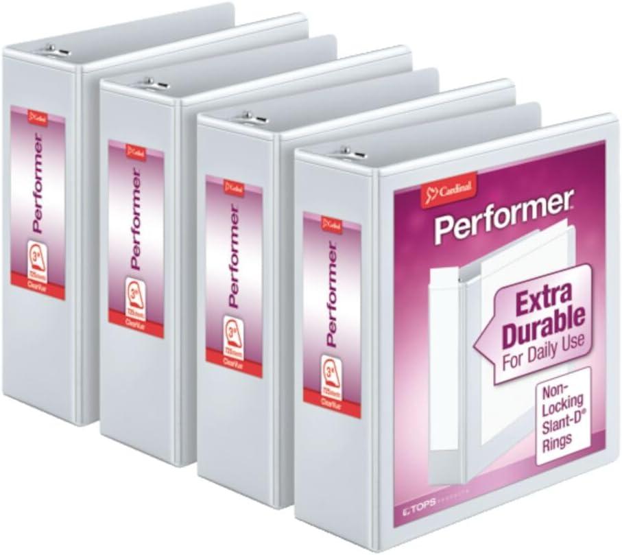 imageCardinal Performer 3Ring Binders 3quot NonLocking SlantD Rings 725Sheet Capacity ClearVue Presentation NonStick PVCFree White 4Pack 27600White