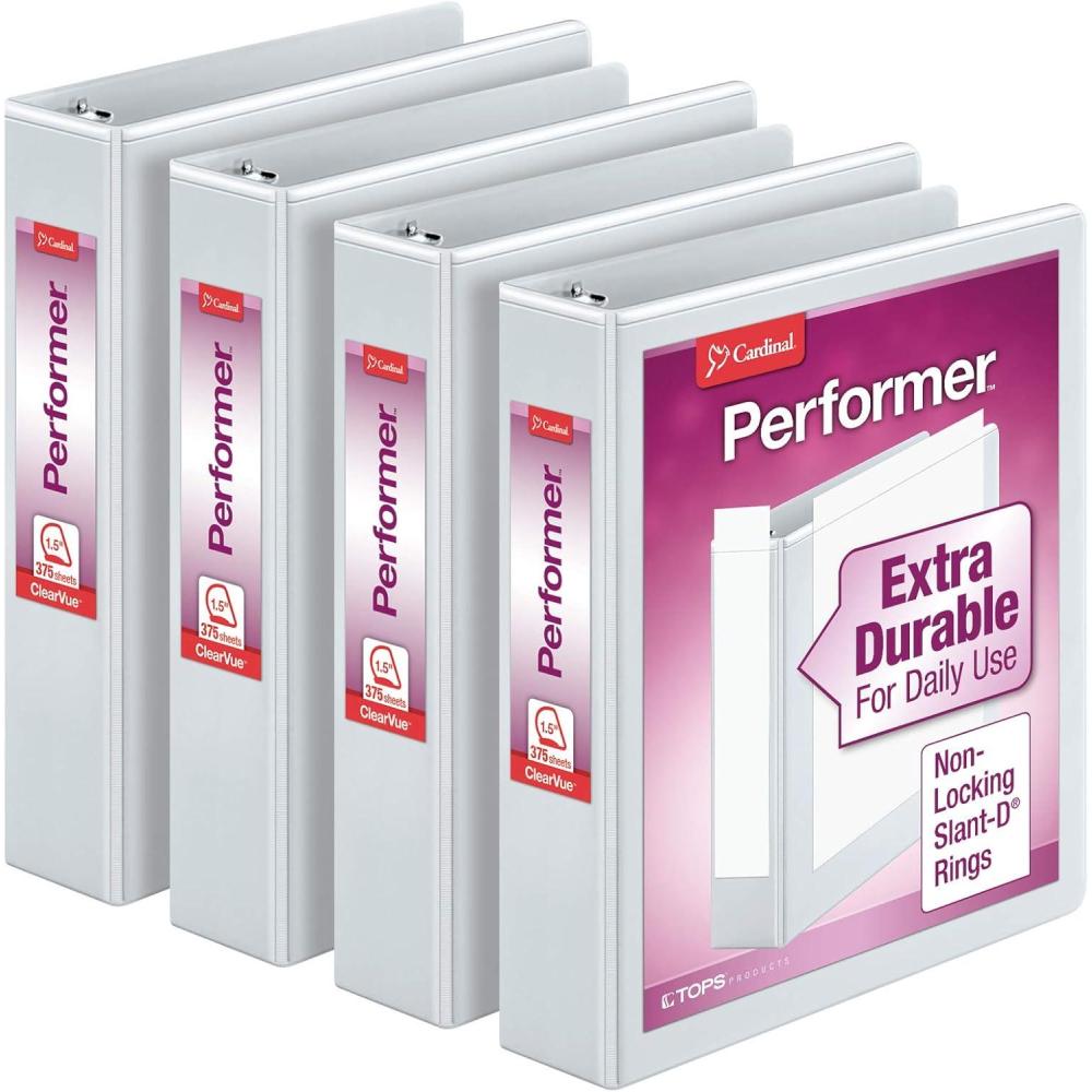 imageCardinal Performer 3Ring Binders 3quot NonLocking SlantD Rings 725Sheet Capacity ClearVue Presentation NonStick PVCFree White 4Pack 27600White