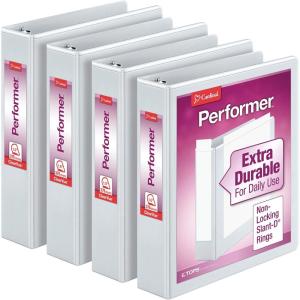 Cardinal Performer 3-Ring Binders, 3″, Non-Locking Slant-D Rings, 725-Sheet Capacity, ClearVue Presentation, Non-Stick, PVC-Free, White, 4-Pack (27600)(White)