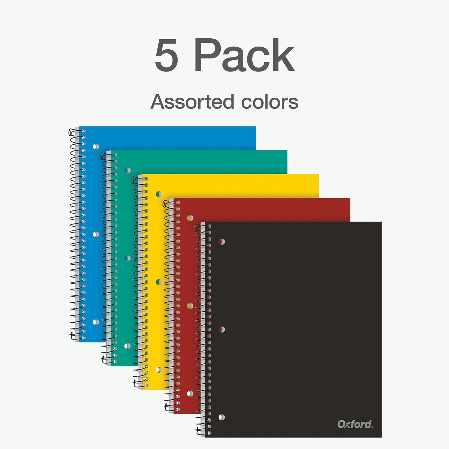 imageOxford 1 Subject Spiral Notebook Notebooks for School Plastic Covers Back to School Supplies Wide Ruled 100 Sheets 5 Pack Assorted Primary Colors Black Blue Red Green and Yellow 1009290