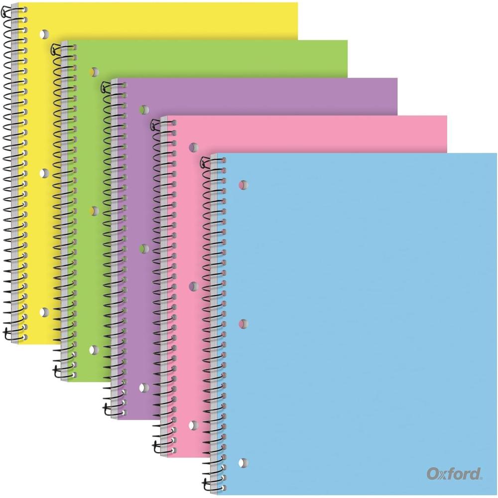 imageOxford 1 Subject Spiral Notebook Notebooks for School Plastic Covers School Supplies College Ruled 100 Sheets 5 Pack Assorted Pastel Colors Blue Green Yellow Pink and Purple 1009291