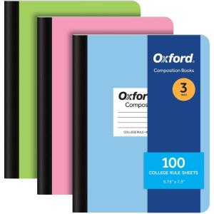 Oxford Composition Notebooks, 9-3/4 x 7-1/2 Inch School Journals, College Ruled Paper, Pastel Color Covers, 100 Sheets per Book, 3 Pack (1002520)