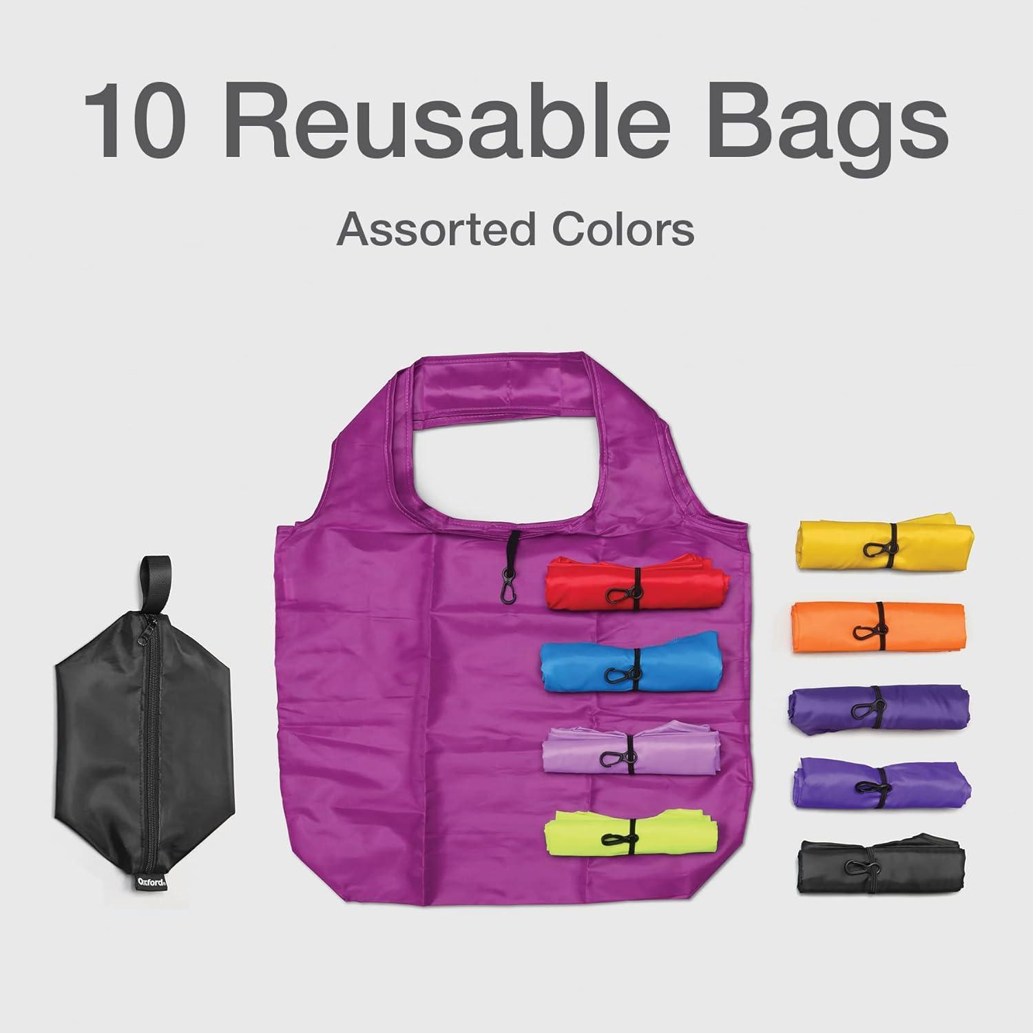 imageOxford Reusable Grocery Bags 10 Pack Machine Washable Large 16quot x 17quot Usable Bag Space Assorted Colors 30002