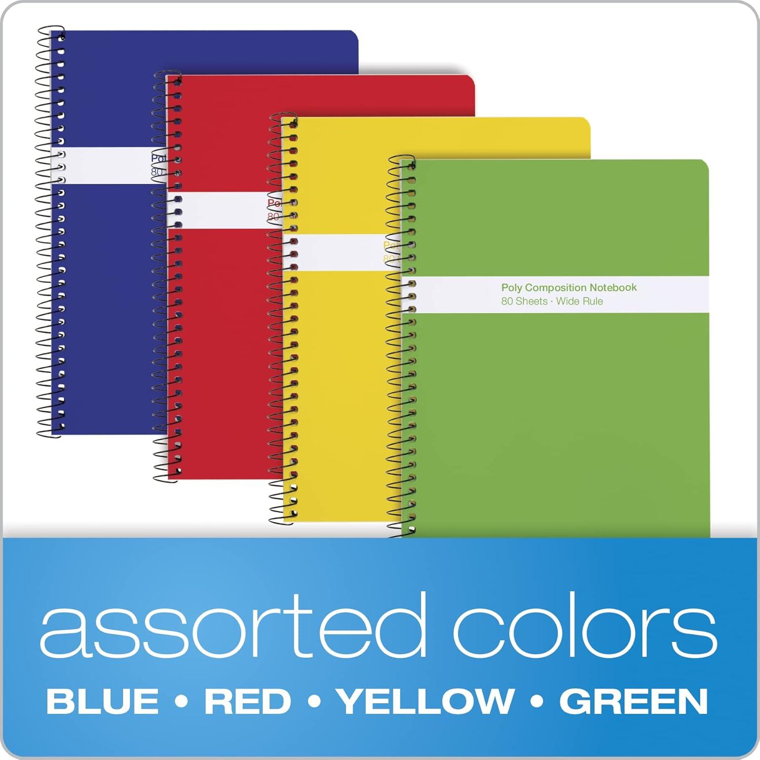 imageOxford Spiral Composition Notebooks 4 Pack Poly Covers College Ruled Paper 934 x 712 Inches 80 Sheets Assorted Primary Color Covers 64949Wide Ruled