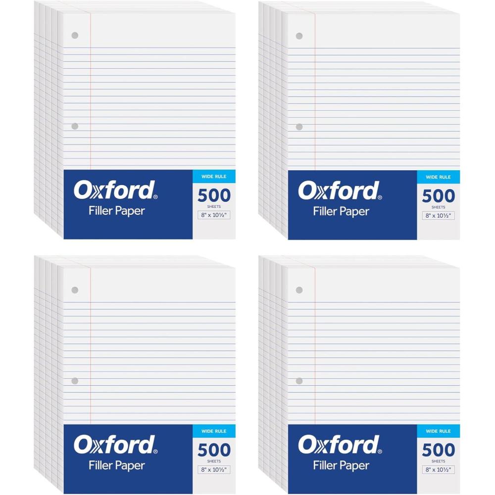imageOxford Loose Leaf Paper Filler Paper Notebook Paper 8quot x 1012quot Wide Rule 3Hole Punched 2000 Sheets for 3 Ring Binders 4 Packs of 500 White 62379