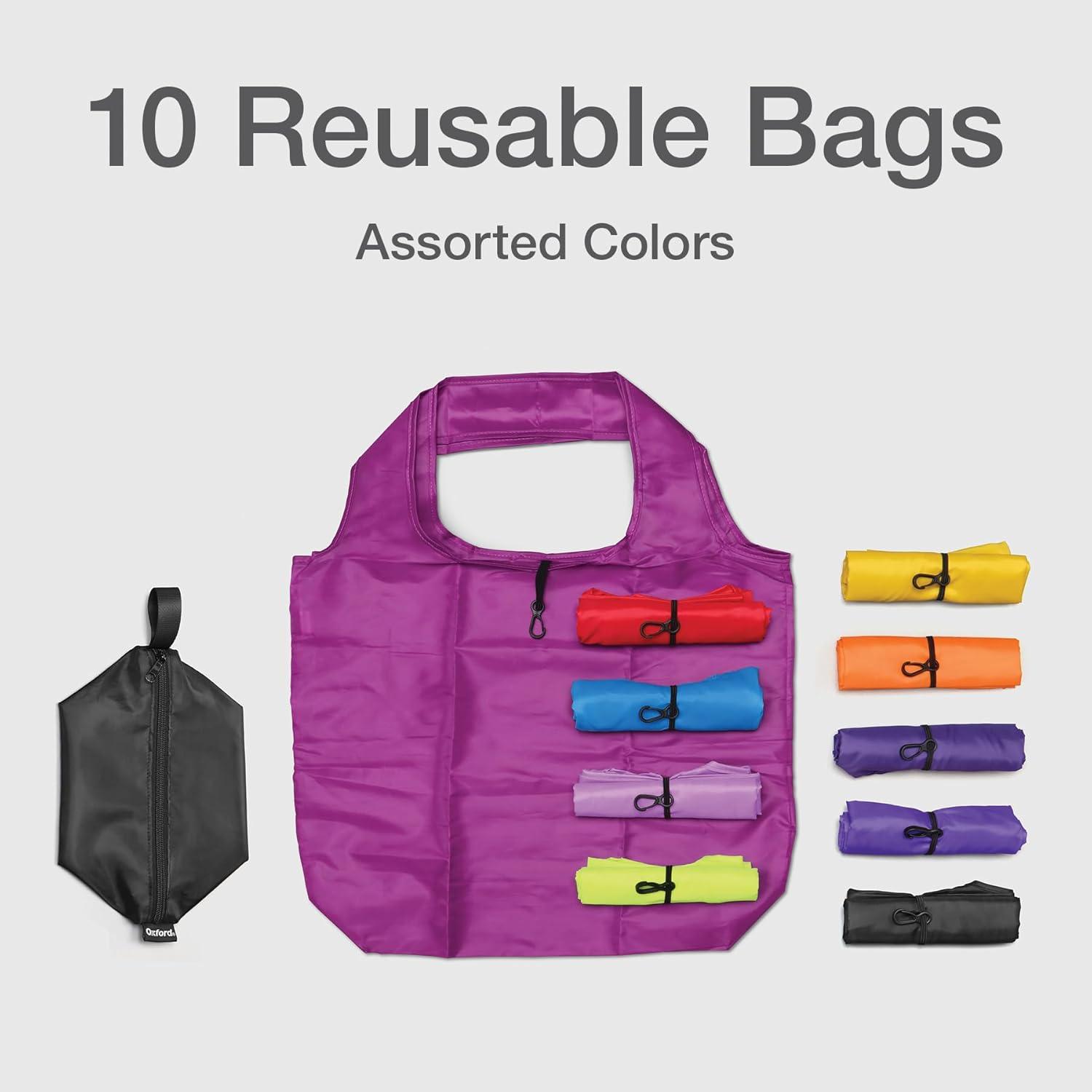 imageOxford Recycled Reusable Grocery Bags 10 Pack 100 Recycled Material Machine Washable Large 16quot x 17quot Usable Bag Space Assorted Colors 30003