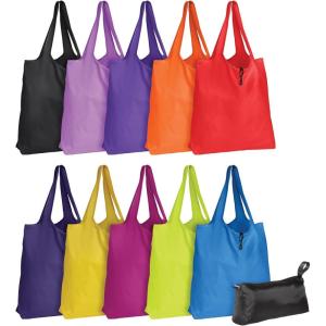 Oxford Recycled Reusable Grocery Bags, 10 Pack, 100% Recycled Material, Machine Washable, Large 16″ x 17″ Usable Bag Space, Assorted Colors (30003)