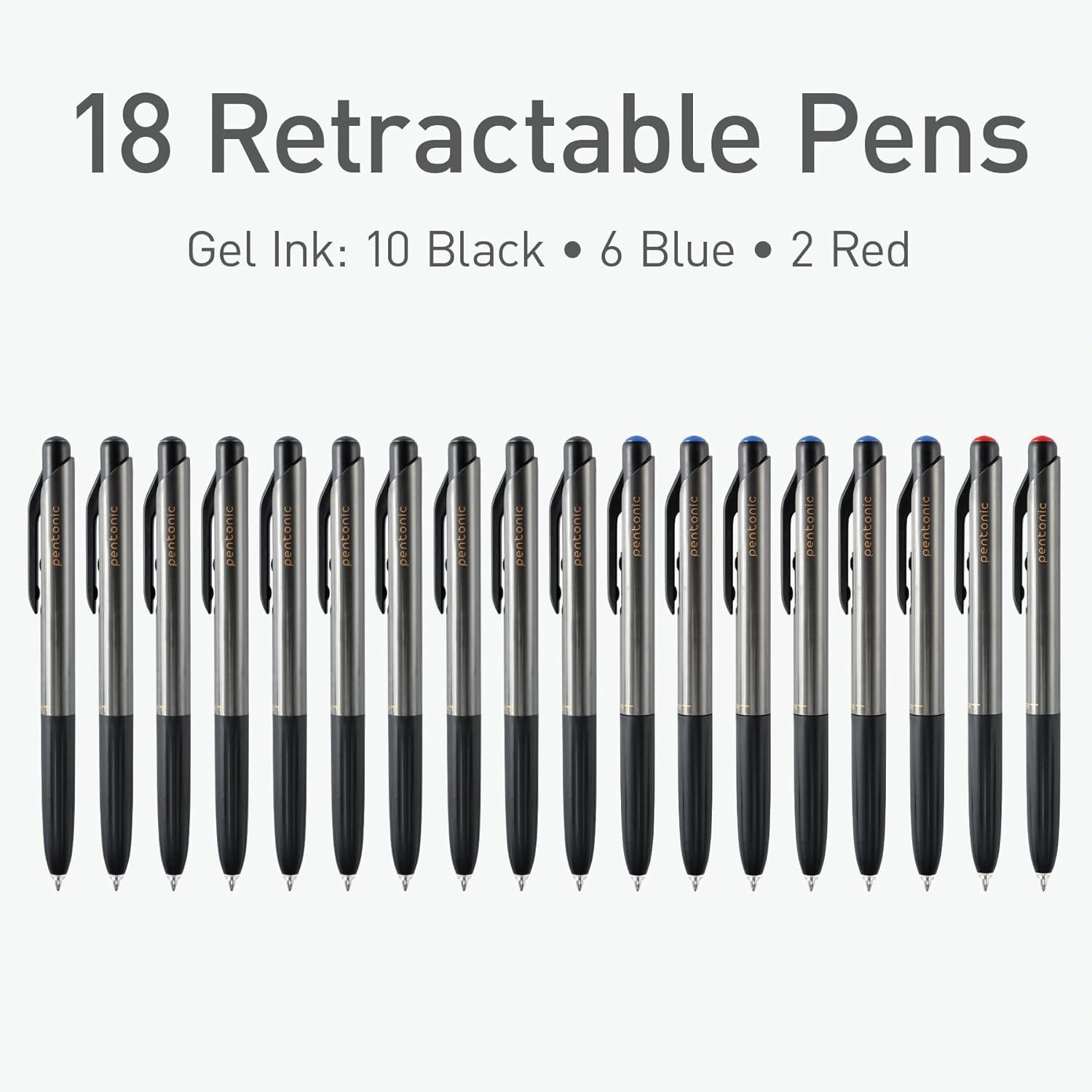 imagePentonic GRT Retractable Gel Pens 18 Count Assorted Color Ink 10 Black 6 Blue 2 Red 07 mm Fine Point Smooth Writing For Journaling 1002359