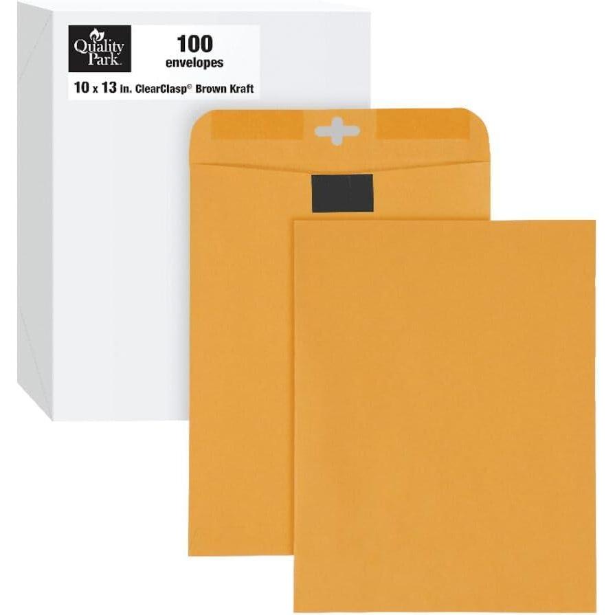 imageQuality Park 10 x13 Inch ClearClasp Catalog Envelopes for Mail or Storage wRediTac Clasp and Gummed Closure 28lb Brown Kraft 100Box QUA4376810 x 13