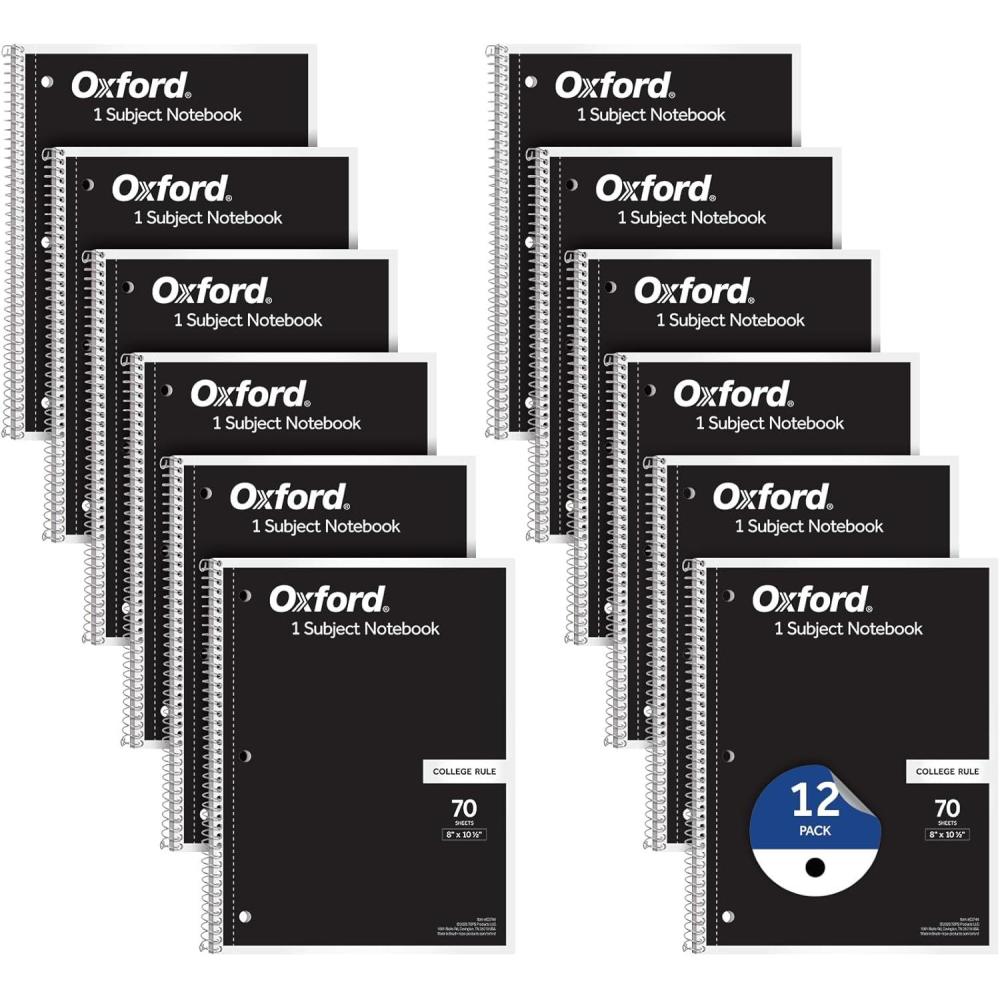 imageOxford Spiral Notebook 1Subject Bulk College Ruled Spiral Notebooks for School College Ruled Paper Black Covers 70 Perforated Lined Sheets 8 x 1012 Inches 12Pack Bulk Journals 63744