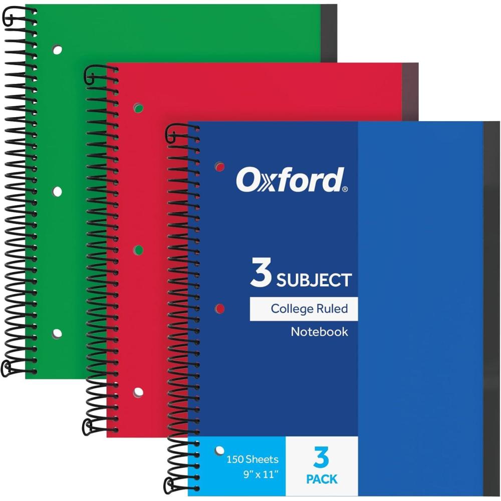 imageOxford Spiral Notebook 3 Pack 3 Subject College Rule Durable Plastic Covers Strong Coil 3 Durable Pockets 85 x 11 150 Sheets3 Pack Blue Red Green 89803