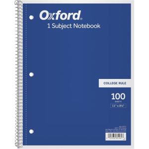Oxford 1-Subject Notebooks, Spiral, 8 x 11, College Rule, Color Assortment May Vary, 100 Sheets, 1 Notebook (65161)