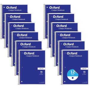 Oxford Spiral Notebook 12 Pack, Bulk College Ruled Spiral Notebooks for School, 1 Subject Journal For School, Wide Ruled Paper, 8 x 10-1/2 Inch, Blue Covers, 70 Perforated Lined Sheets (65218)