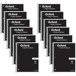 Oxford Spiral Notebook 12 Pack, Bulk College Ruled Spiral Notebooks for School, 1 Subject, Wide Ruled Paper, 8 x 10-1/2 Inch, Black Covers, 70 Perforated Lined Sheets, Writing Journal (65216)