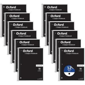 Oxford Spiral Notebook 1-Subject, Bulk College Ruled Spiral Notebooks for School, College Ruled Paper, Black Covers, 70 Perforated Lined Sheets, 8 x 10-1/2 Inches, 12-Pack, Bulk Journals (63744)