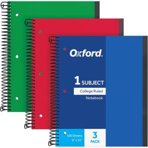 Oxford Spiral Notebook 3 Pack, 1 Subject, College Rule Journal, Durable Plastic Covers, 1 Pocket, 8.5 x 11 inch, 100 Sheets, Blue, Red, Green, 3 Pack (89801)