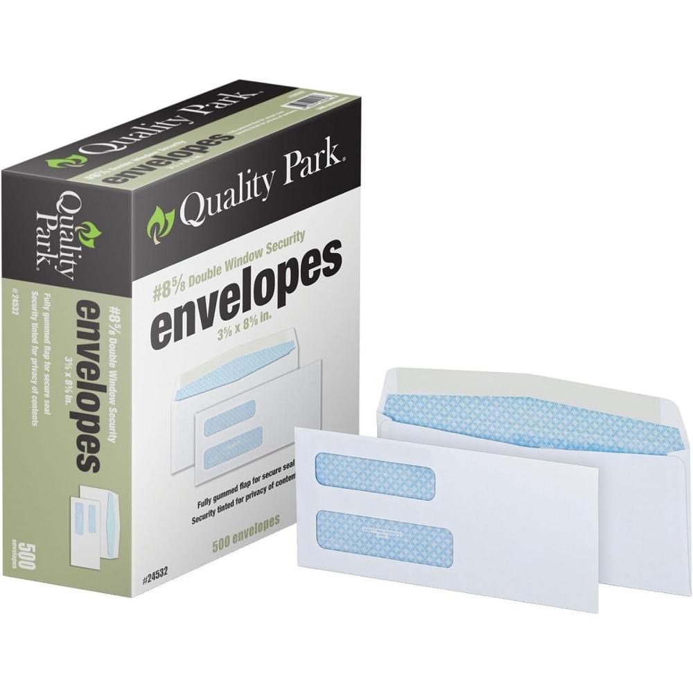 imageQuality Park 858 Double Window Envelopes Security Tint Envelopes 358 x 858 Gummed 24 lb White Paper Side Seams 500 per Box QUA24532