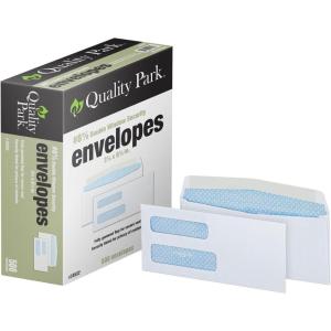 Quality Park® #8-5/8 Double Window Envelopes, Security Tint Envelopes, 3-5/8 x 8-5/8, Gummed, 24 lb White Paper, Side Seams, 500 per Box (QUA24532)